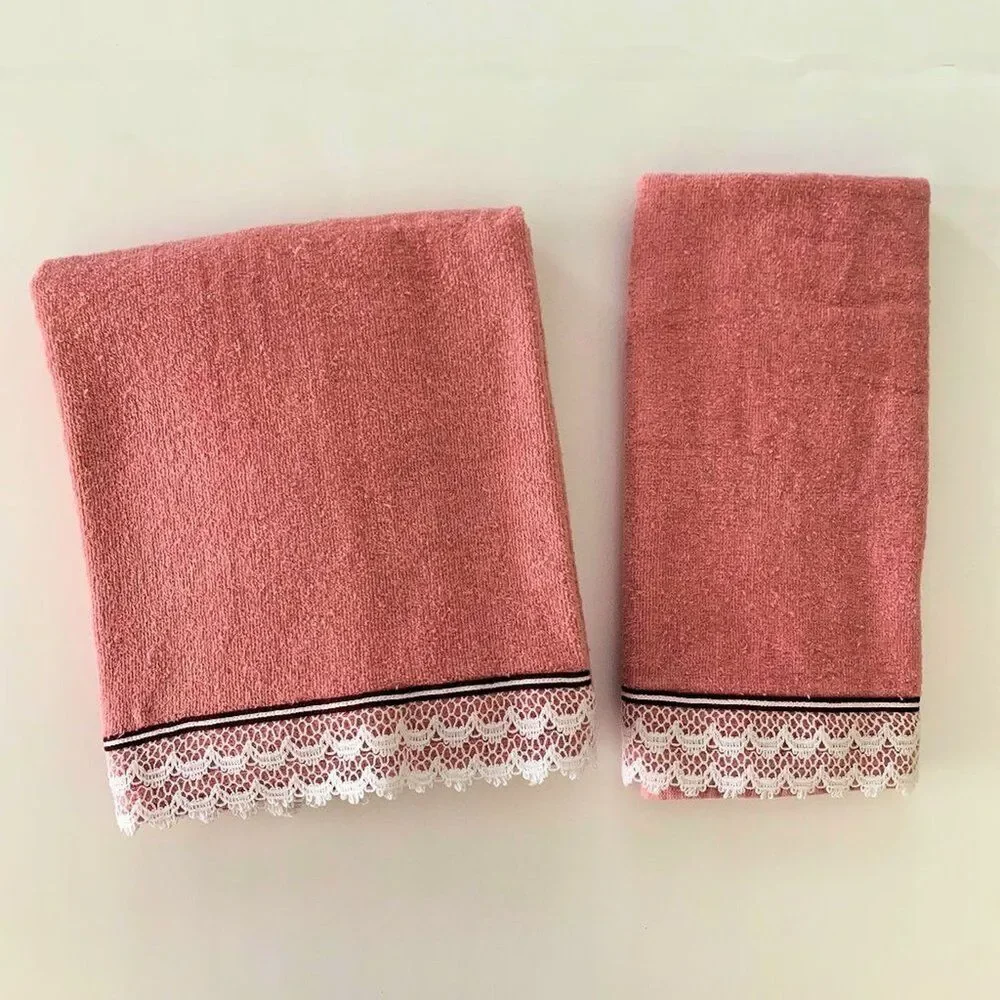 Fieldcrest Vintage Alouette Lace Towel Set Cottagecore Shabby Decor Pink Dainty